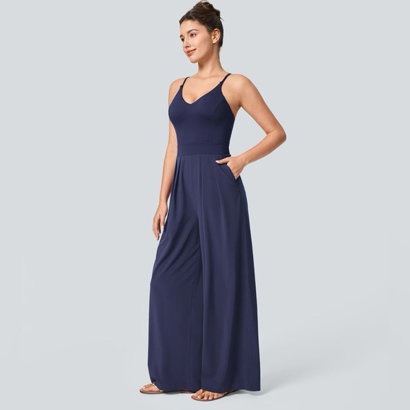 HALARA Pants - Halara Jumpsuit Womens Large Blue Breezeful Backless Side Zip Wide Leg Resort